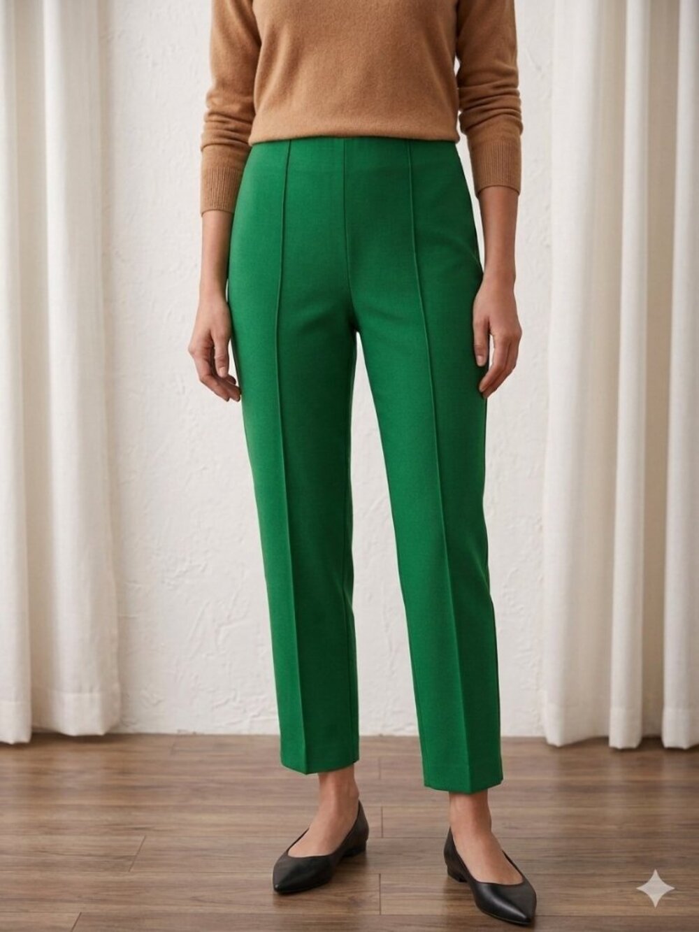 Zara Darted High-Waisted Pants Green Pintuck Seam Trousers M